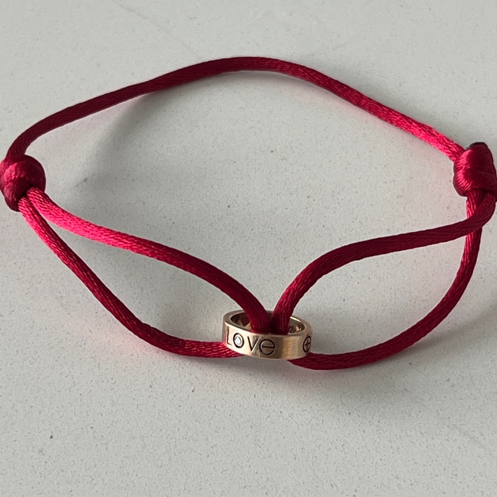 Cartier Charity Rose Gold w Diamond Love Bracelet Red Silk Cord. Discontinued.